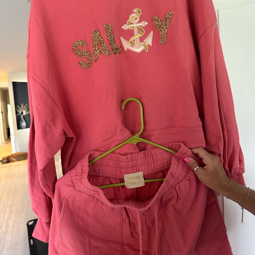 Judith March Pink Sequin "SALTY" Anchor Sweatshirt & Jogger Set L Like new